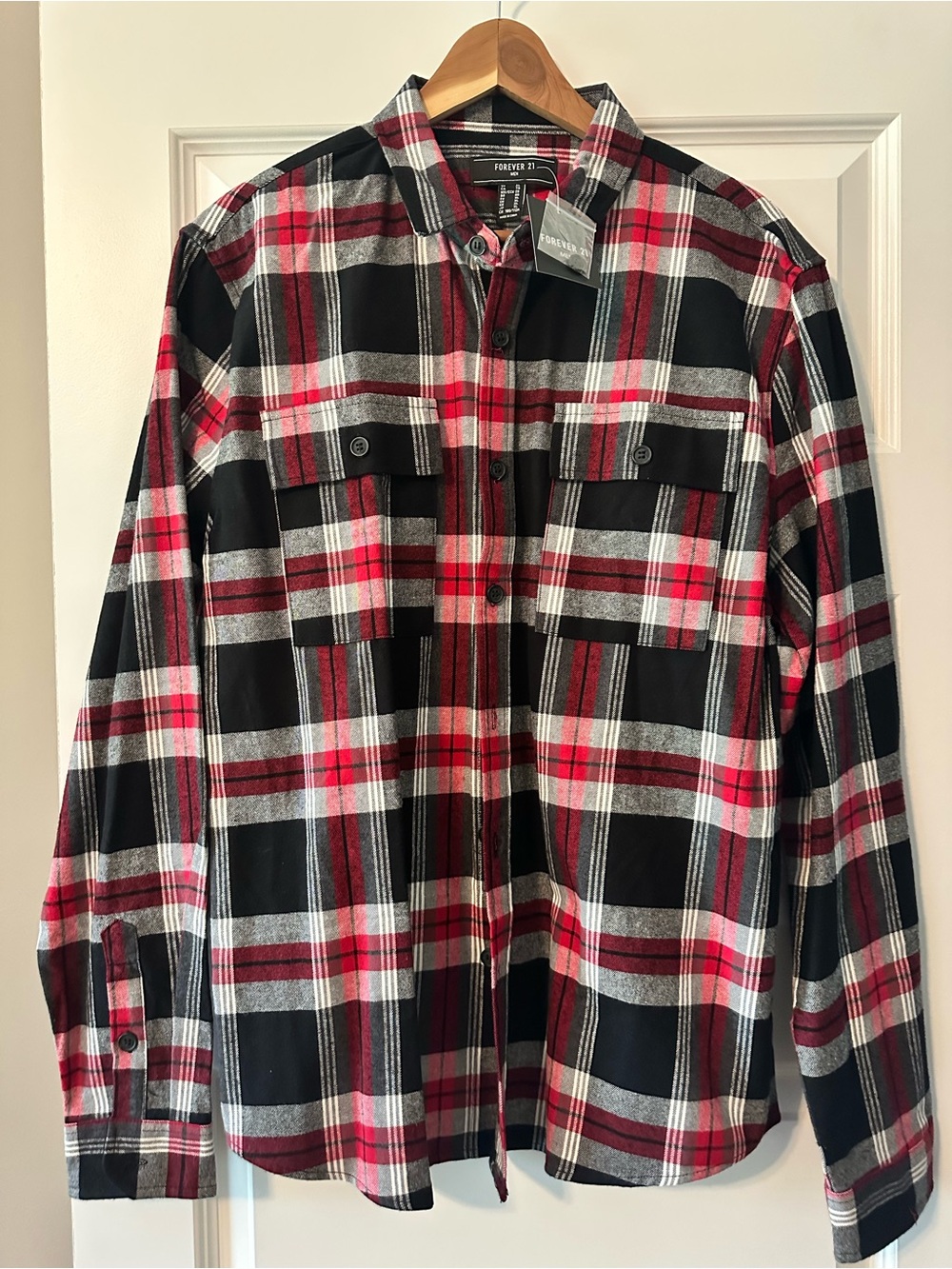 Forever 21 Men's Red, Black & White Plaid Button Down